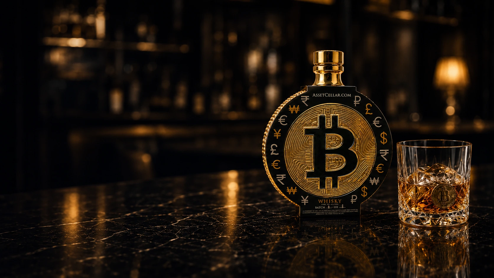 BTC bottle and crystal whisky glass on dark marble