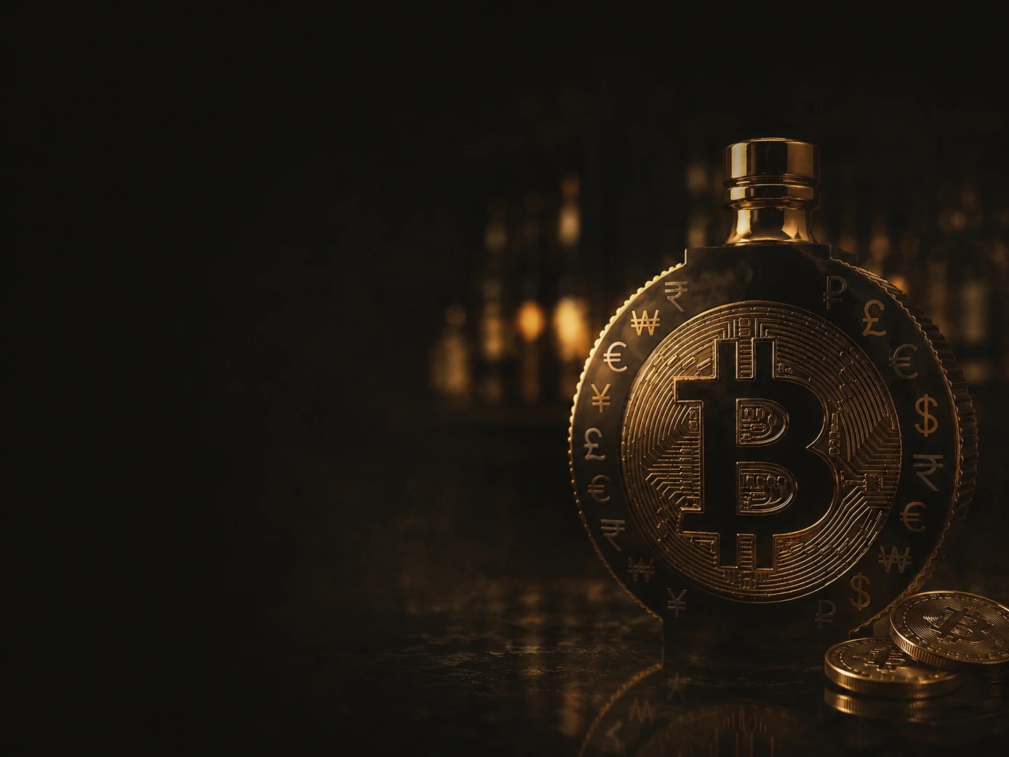 Gold BTC bottle and coins in a dark atmospheric setting