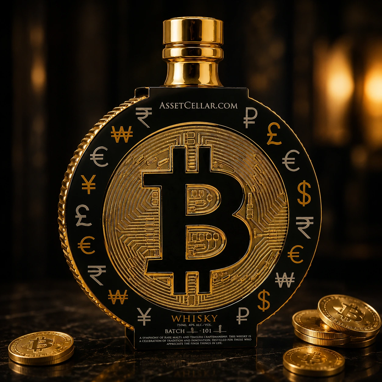 Front view of the gold and black coin-shaped BTC whisky bottle with gold coins
