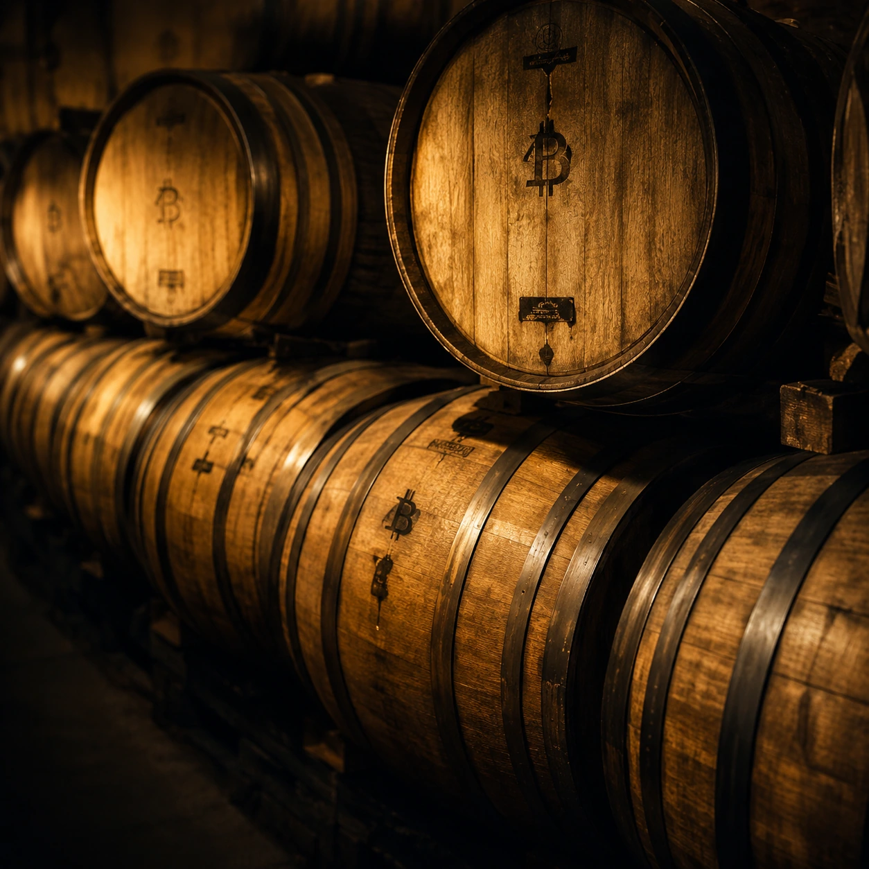 Oak whisky barrels in a warm illuminated cellar
