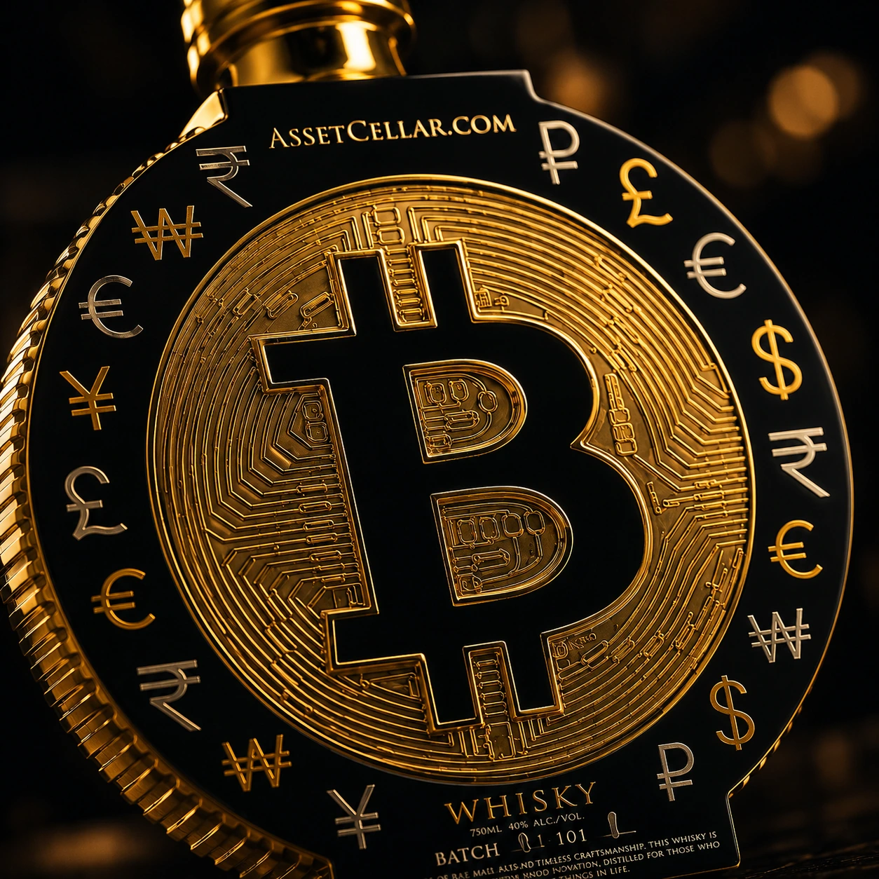 Close view of the Bitcoin emblem, gold finish and coin detailing on the BTC bottle