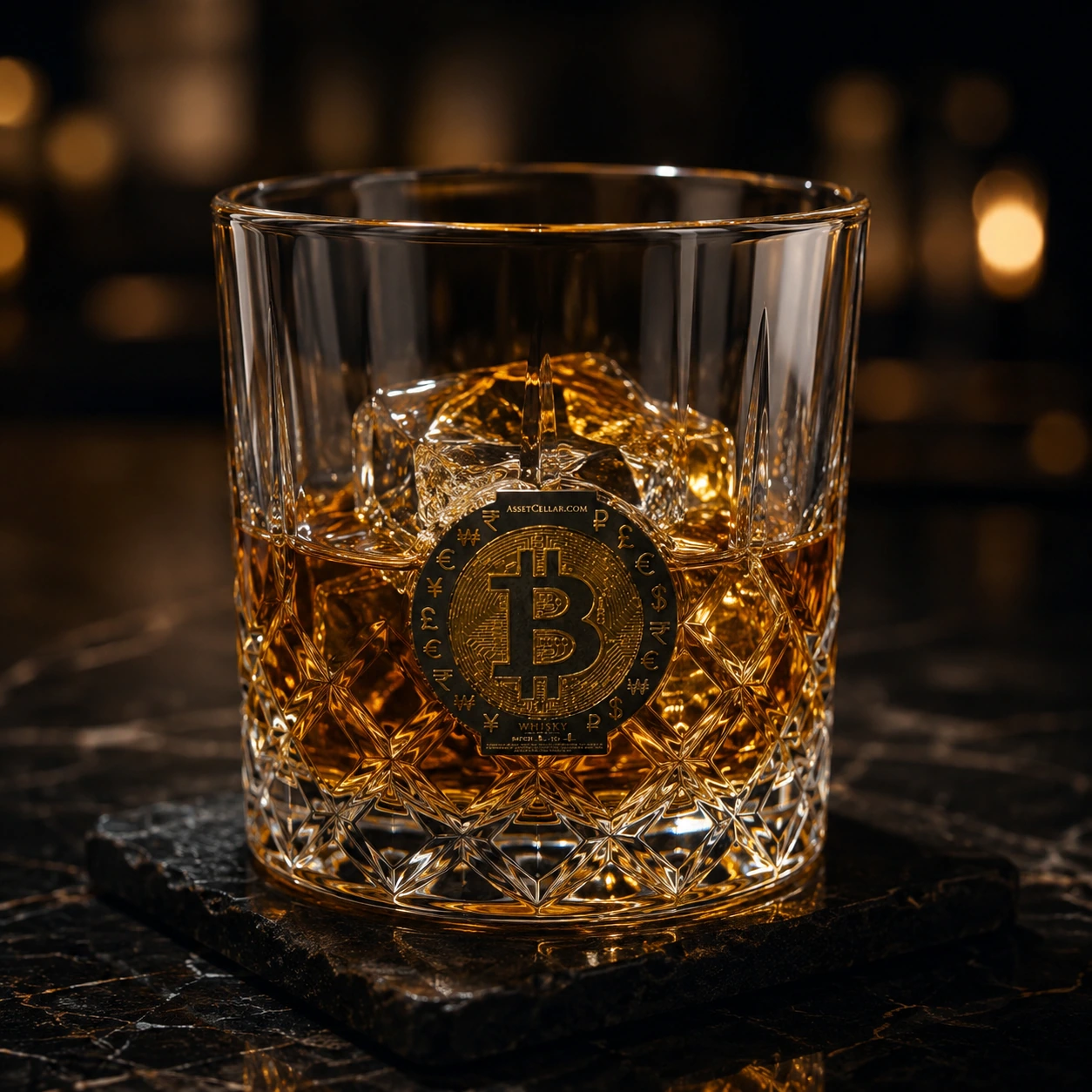Crystal glass filled with amber whisky and a large ice cube