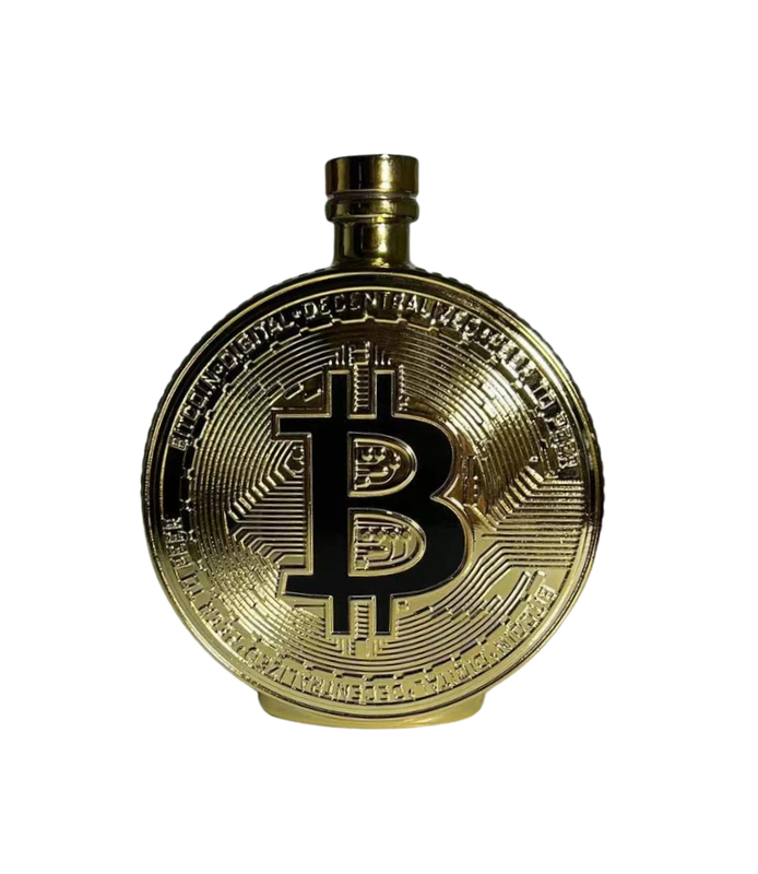 Original gold coin-shaped BTC bottle with black Bitcoin emblem