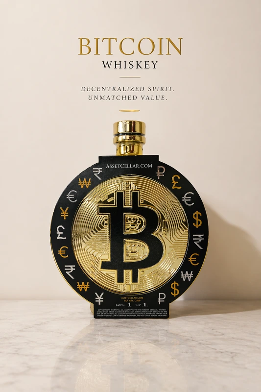 Gold BTC whisky bottle on a pale marble surface