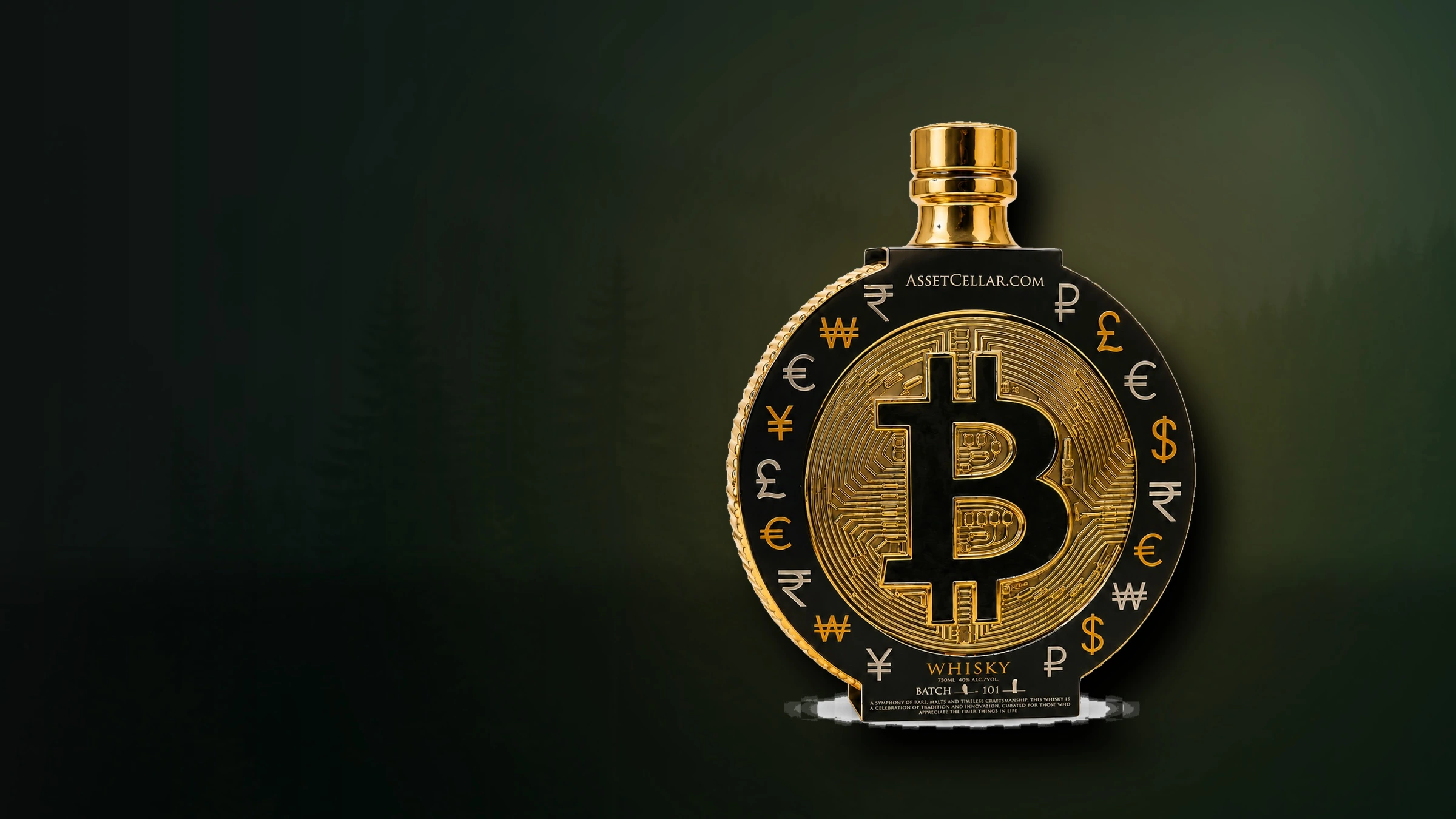 Gold coin-shaped BTC bottle against a dark green background