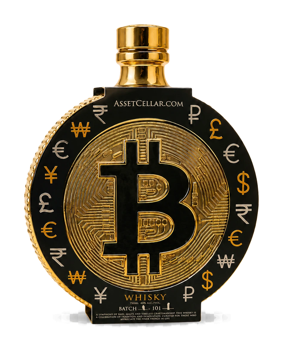 Front-facing gold and black BTC whisky bottle product artwork